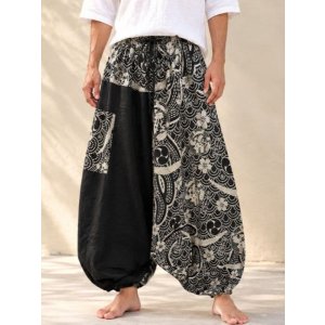 画像: 黒色＋和風プリント＊切り替え＊コットン素材＊ふんわり＊サルエルパンツ