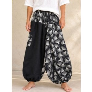 画像: 黒色＋和風プリント＊切り替え＊コットン素材＊ふんわり＊サルエルパンツ