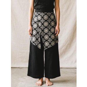 画像: 和風プリントコットン素材＊エプロン風＊別生地付き＊変型ロングパンツ