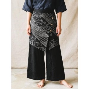 画像: 和風プリントコットン素材＊エプロン風＊別生地付き＊変型ロングパンツ