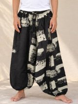 画像: 黒色＋和風プリント＊切り替え＊コットン素材＊ふんわり＊サルエルパンツ