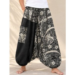 画像: 黒色＋和風プリント＊切り替え＊コットン素材＊ふんわり＊サルエルパンツ