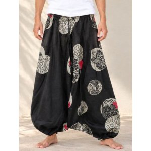 画像: 黒色＋和風プリント＊切り替え＊コットン素材＊ふんわり＊サルエルパンツ
