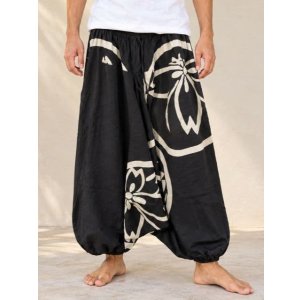 画像: 黒色＋和風プリント＊切り替え＊コットン素材＊ふんわり＊サルエルパンツ