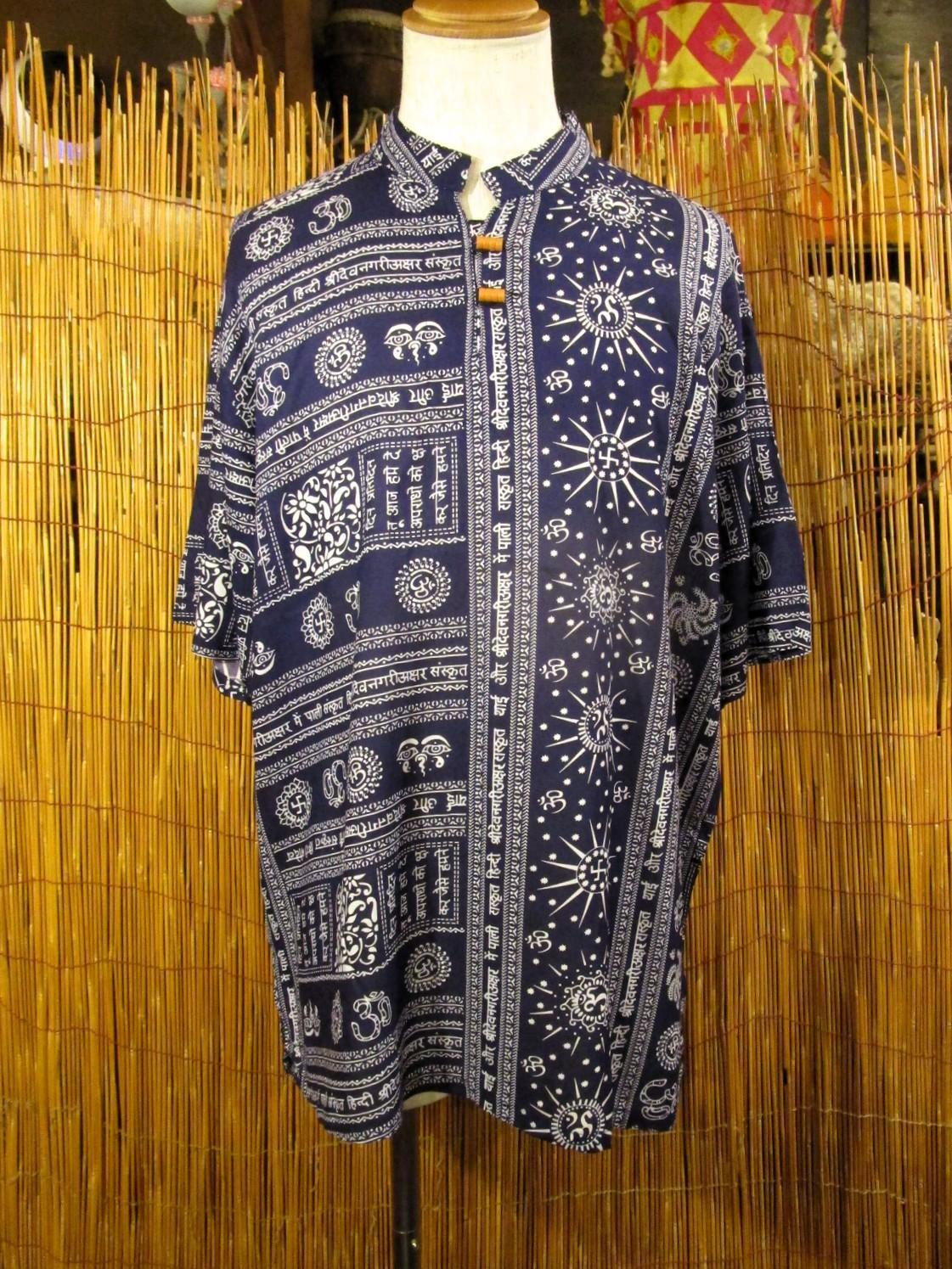 画像1: ラムナミプリント＊レーヨン素材＊マオカラー＊半袖＊プルオーバー＊２XＬ