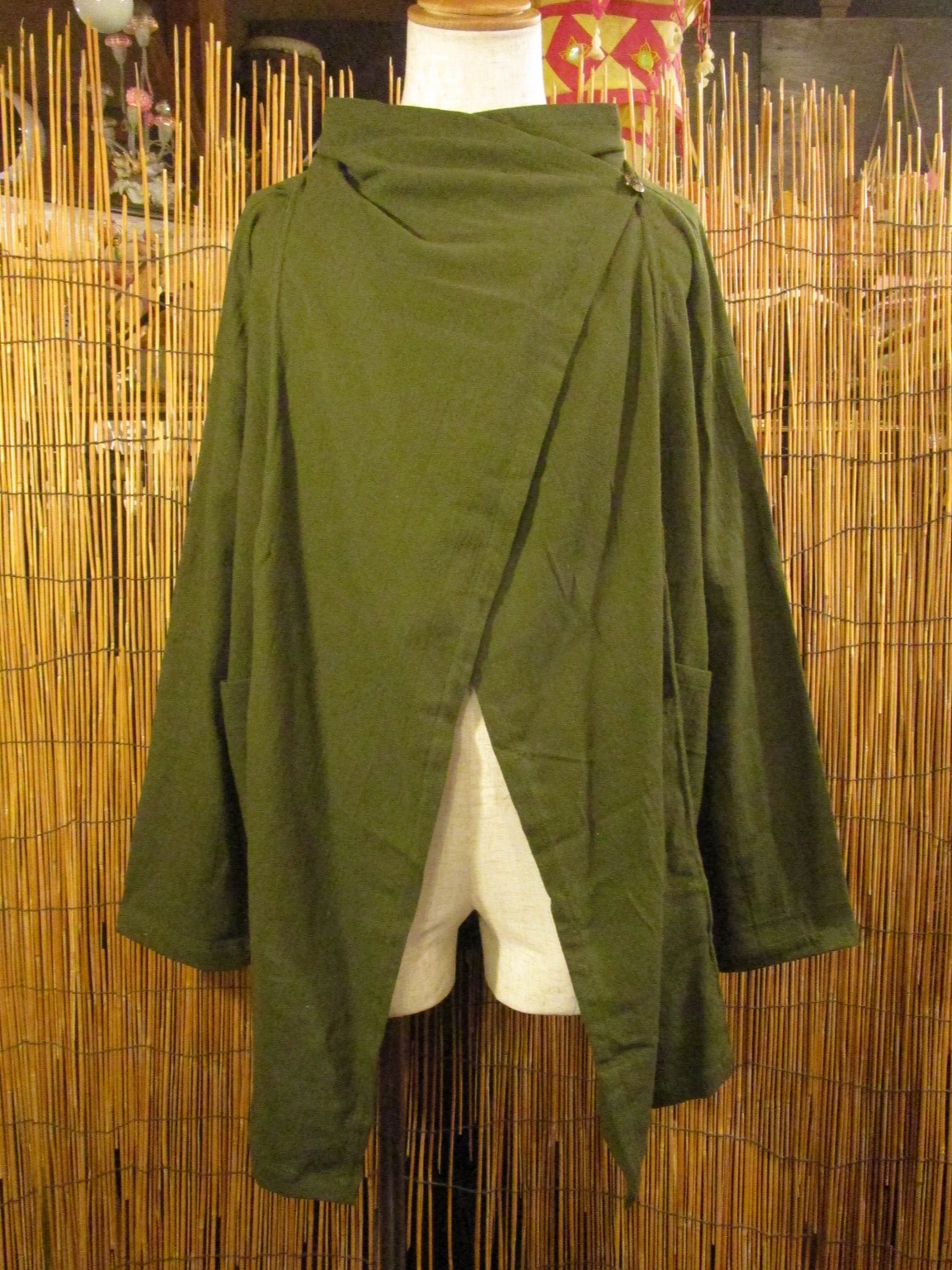 画像1: カーキ色＊コットン素材＊ゆったりサイズ＊２ＷＡＹ＊スナフキン＊旅人風コート
