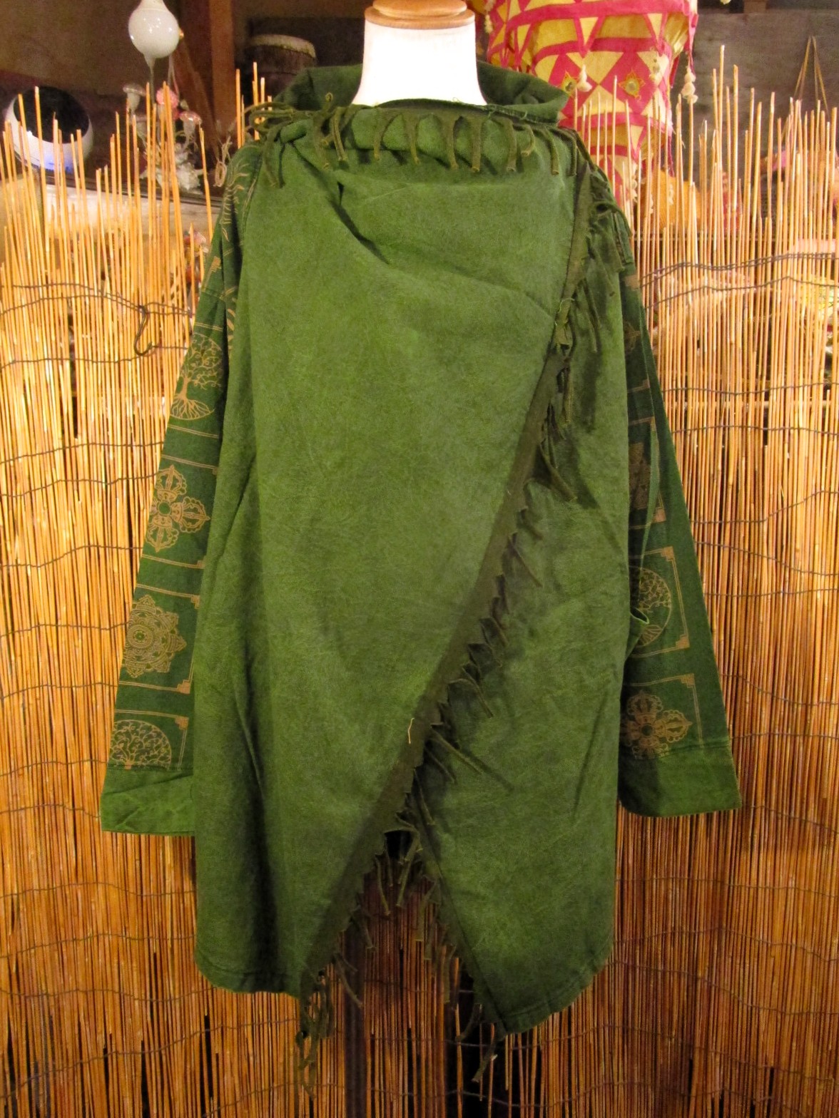 画像1: ストーンウォッシュ加工＊コットン素材＊民族調プリント＊ゆったりサイズ＊２ＷＡＹ＊フリンジ＊スナフキン＊旅人風コート