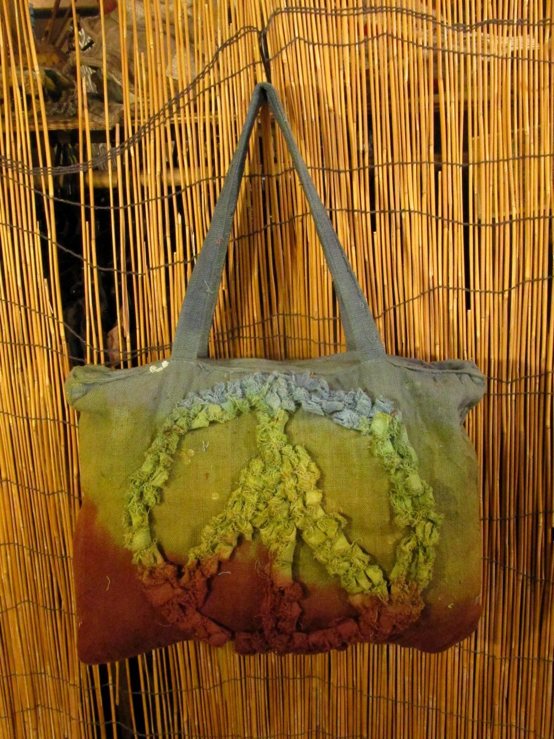 画像4: 手染め＊粗織りコットン素材＊ピースマーク＊ボストンバッグ