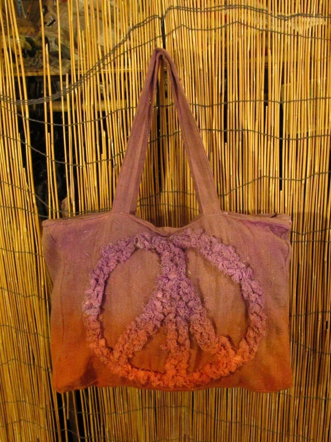 画像4: 手染め＊粗織りコットン素材＊ピースマーク＊ボストンバッグ