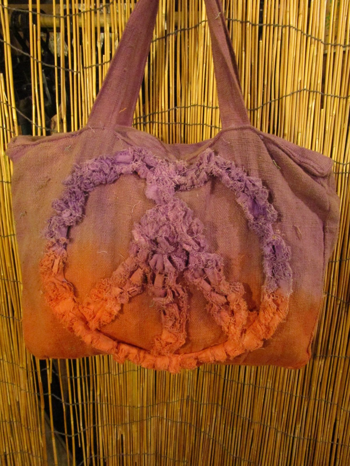 画像5: 手染め＊粗織りコットン素材＊ピースマーク＊ボストンバッグ