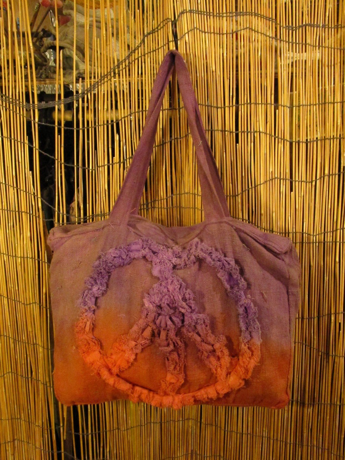 画像4: 手染め＊粗織りコットン素材＊ピースマーク＊ボストンバッグ