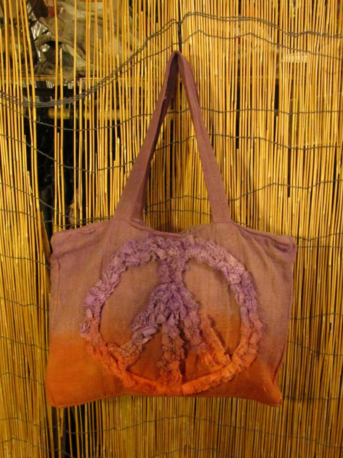 画像1: 手染め＊粗織りコットン素材＊ピースマーク＊ボストンバッグ