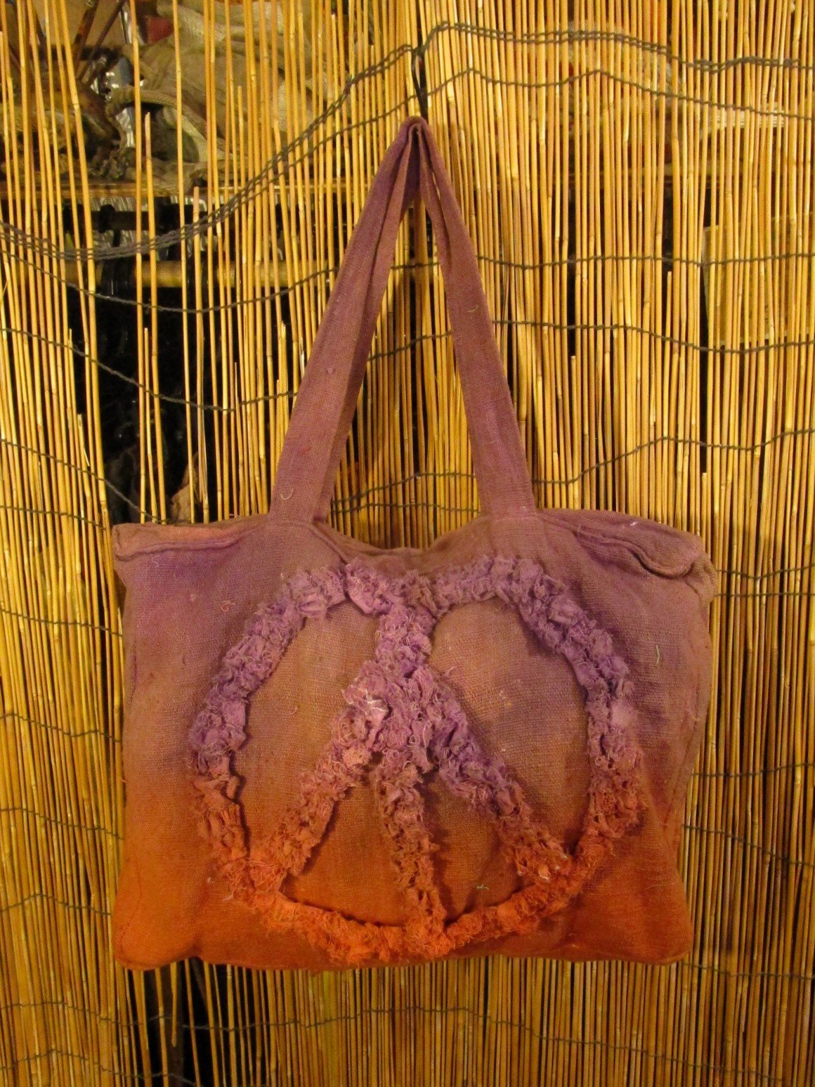 画像1: 手染め＊粗織りコットン素材＊ピースマーク＊ボストンバッグ