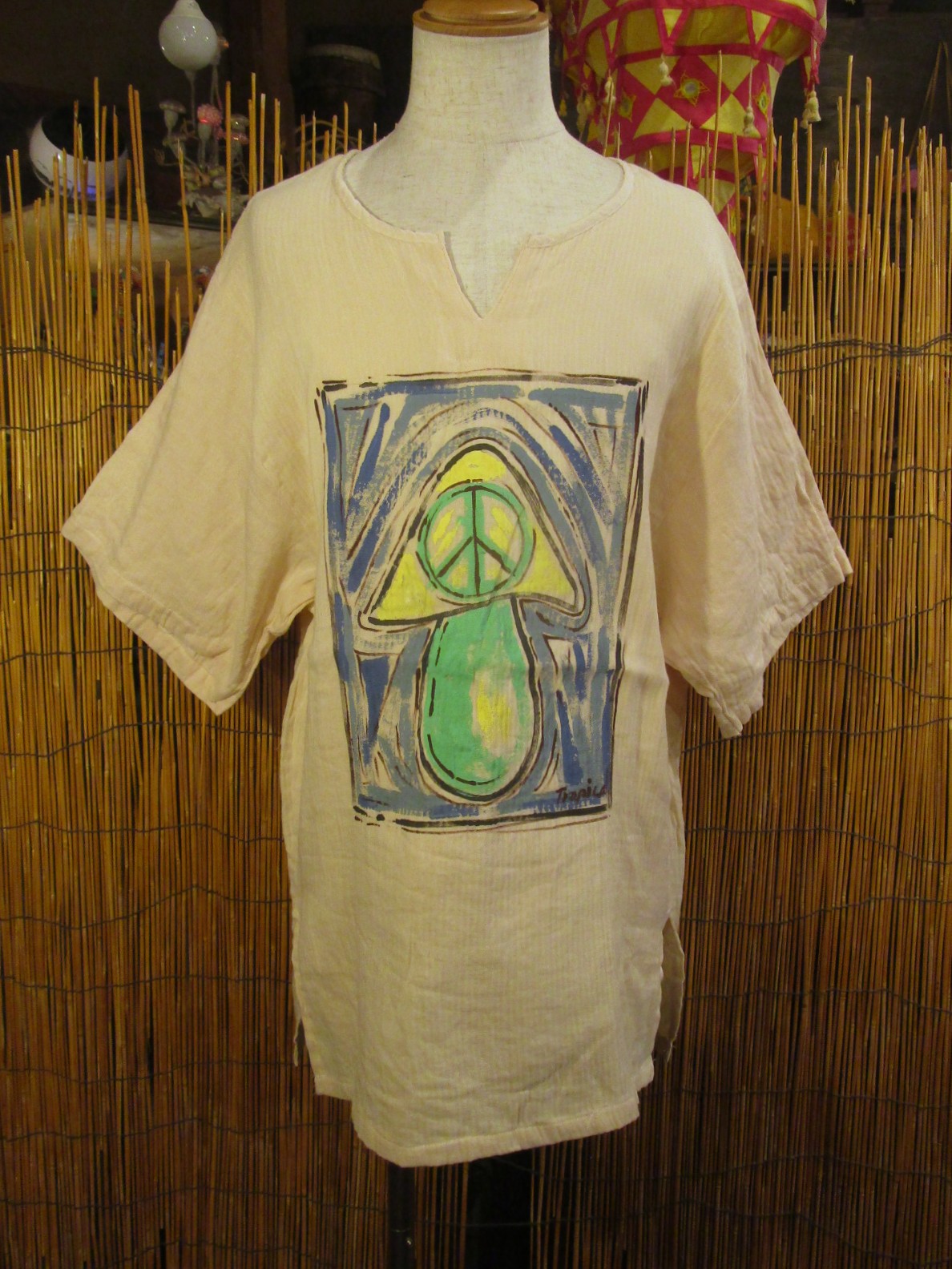 画像: マッシュルーム＆ピースマーク＊ハンドペイント＊Ｗコットン素材＊ハーフスリーブ＊プルオーバー