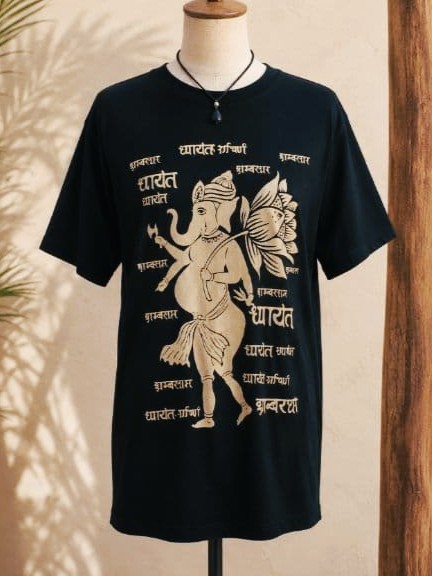 画像1: 黒色＊コットン素材＊抜染プリント＊ガネーシャ＊半袖＊Ｔシャツ＊２ＸＬ