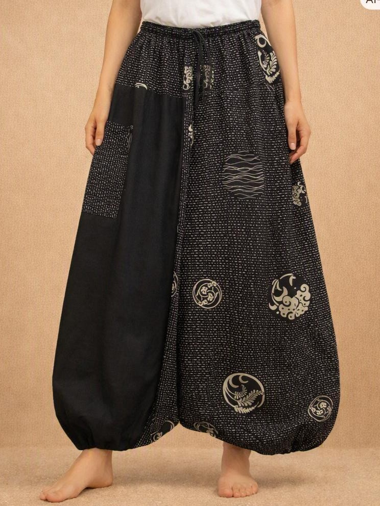 画像1: 黒色＋和風プリント＊切り替え＊コットン素材＊ふんわり＊サルエルパンツ