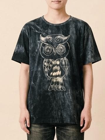 画像1: ストーンウォッシュ加工＊コットン素材＊ふくろう＊ハンドペイント＊半袖Ｔシャツ＊Ｌ