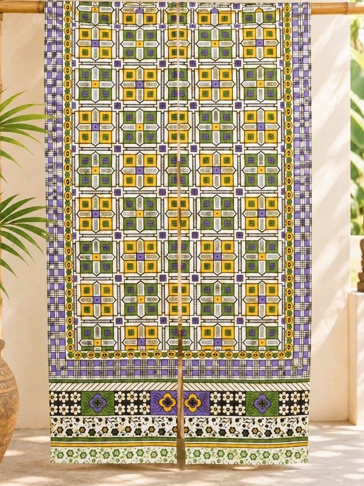 画像1: 【１５０ｃｍ×８５ｃｍ】インド綿＊レトロ調プリント＊暖簾＊のれん