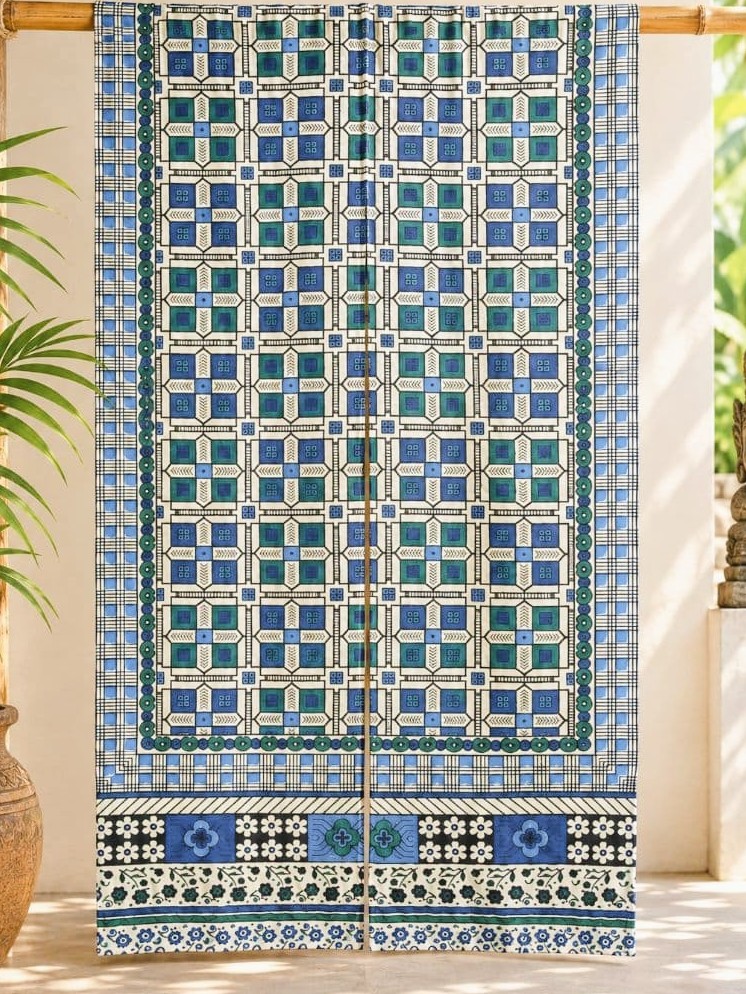 画像1: 【１５０ｃｍ×８５ｃｍ】インド綿＊レトロ調プリント＊暖簾＊のれん