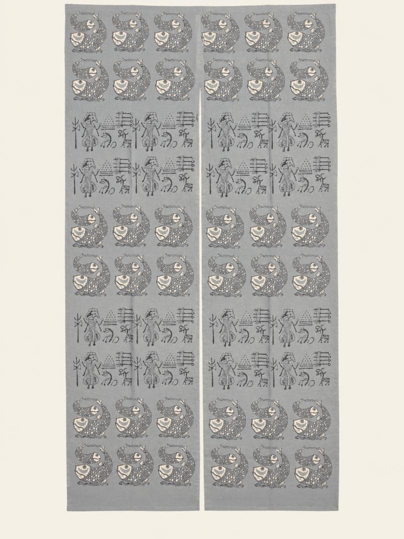 画像1: 【１５０ｃｍ×８５ｃｍ】インド綿＊魚プリント＊暖簾＊のれん
